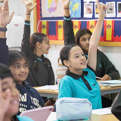Students with their hands up in class