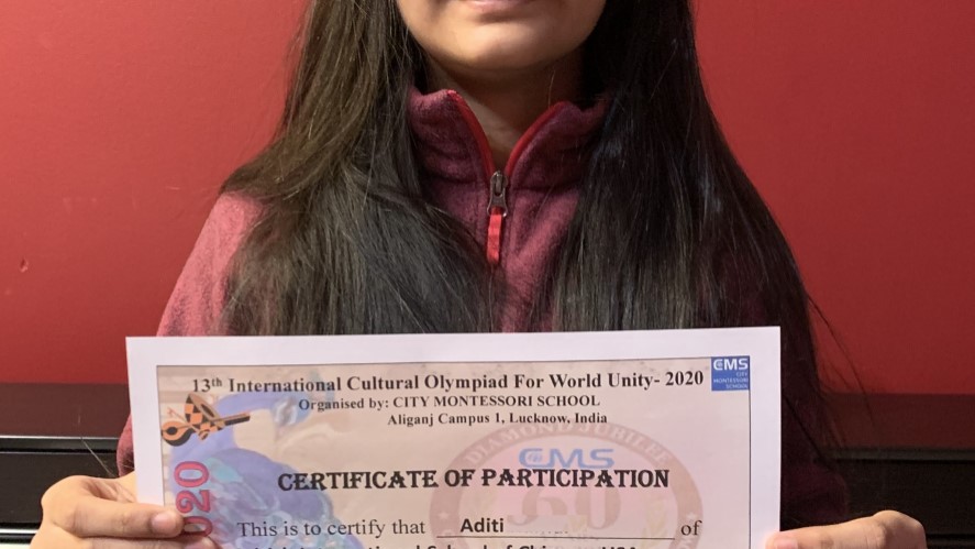Year 9 student Aditi with award at International Cultural Olympiad for World Unity