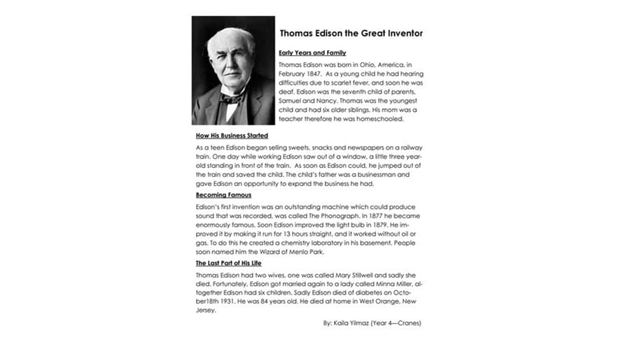 Y4 Kaila  Thomas Edison Writing Sample