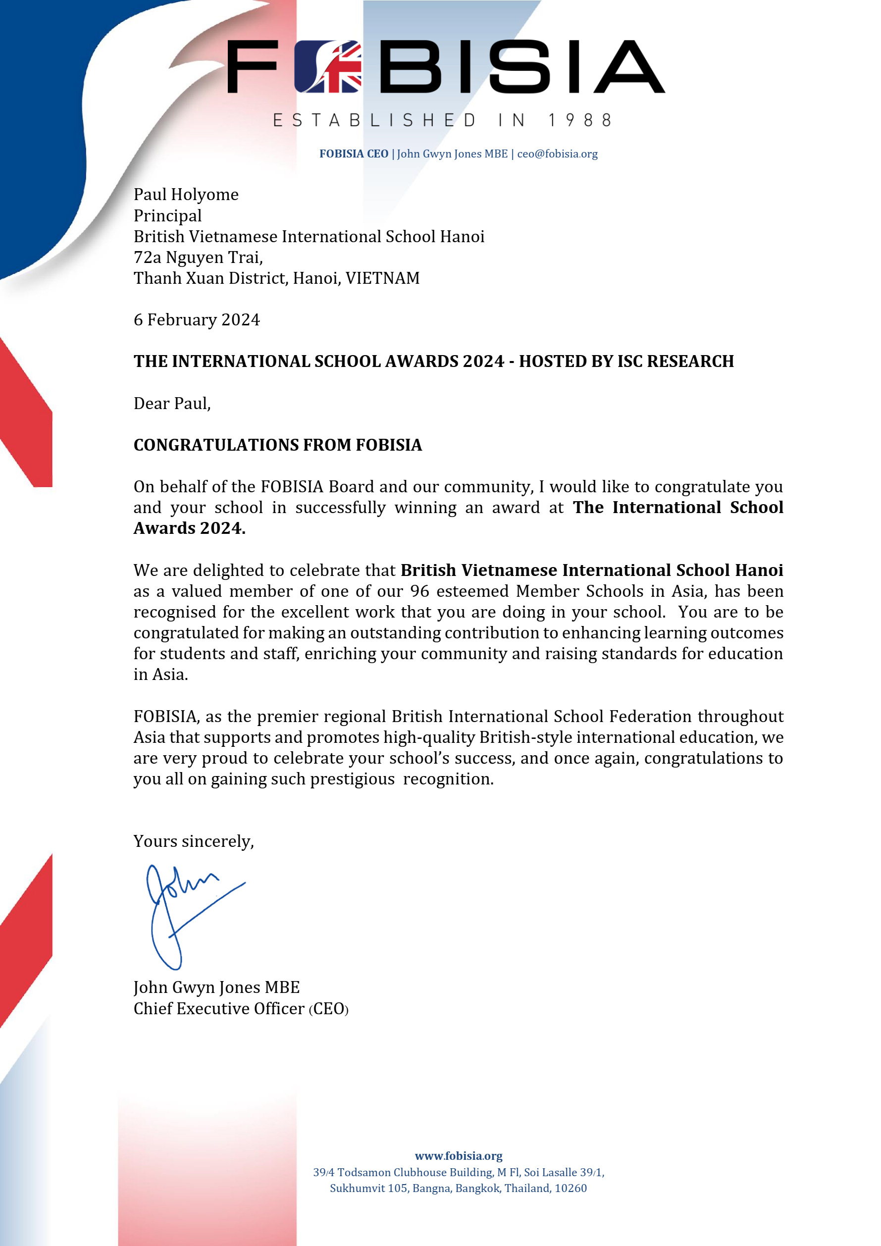 BVIS Hanoi received a congratulatory letter from CEO of FOBISIA - BVIS Hanoi received a congratulatory letter from CEO of FOBISIA