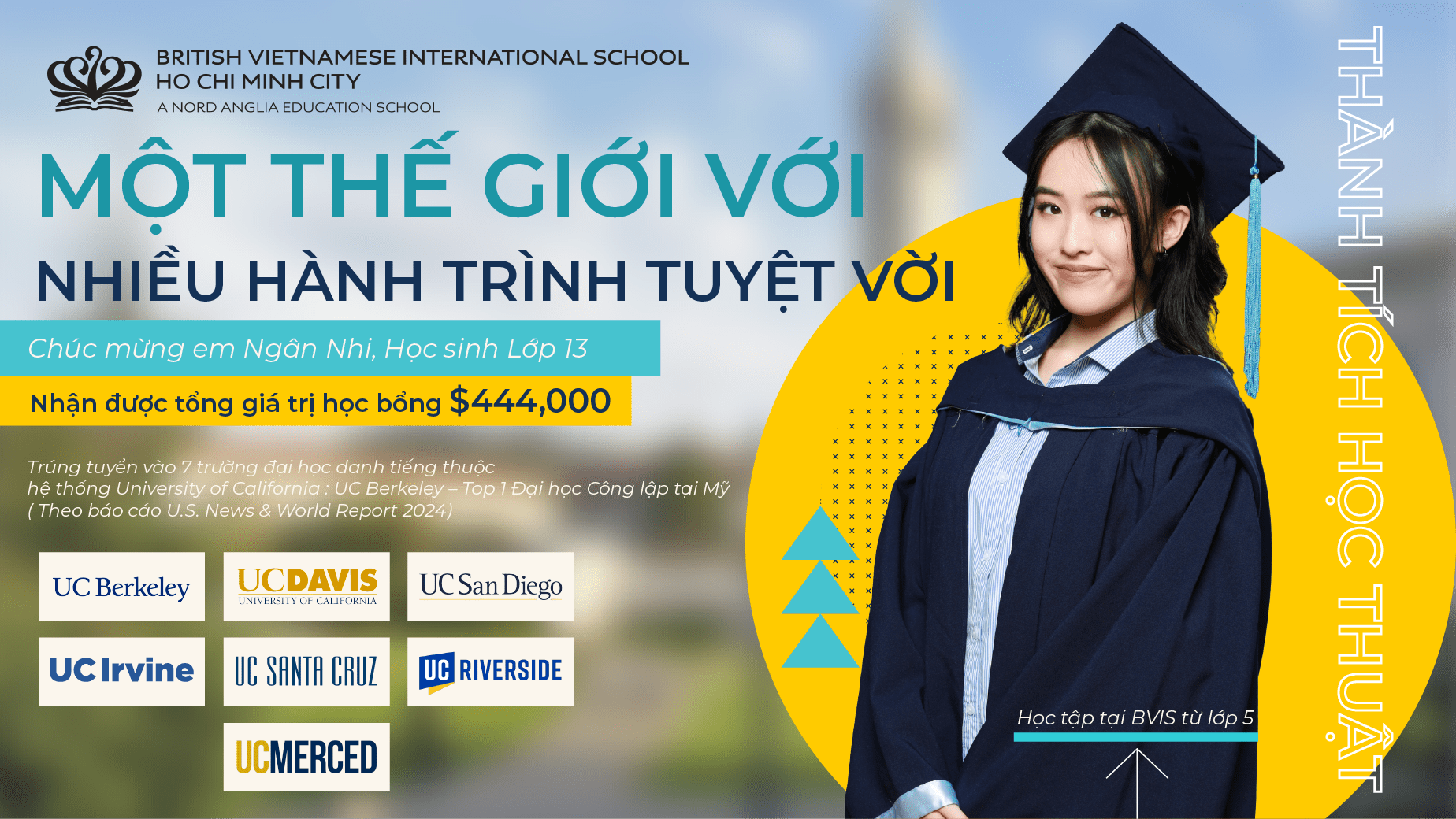 Ngân Nhi, Niên khóa 2024-2025: Xuất sắc Trúng tuyển 7 Trường Đại học thuộc Hệ thống UC với tổng giá trị học bổng $444,000 - Ngan Nhi Class of 2025 Earns Admission to 7 UC Campuses with 444000 USD in Scholarships