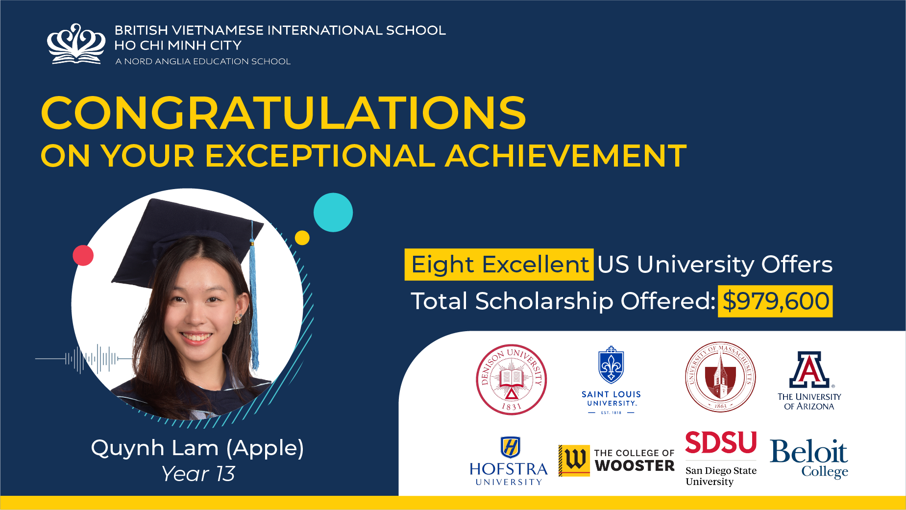 Quynh Lam (Apple), a Year 13 student, has been admitted to 8 US universities with a total scholarship value of 23,5 billion Vietnamese Dong-Quynh Lam Apple Year 13 has been admitted to 8 US universities total scholarship 23 5 billion Dong-Apple - Uni Offer (5)