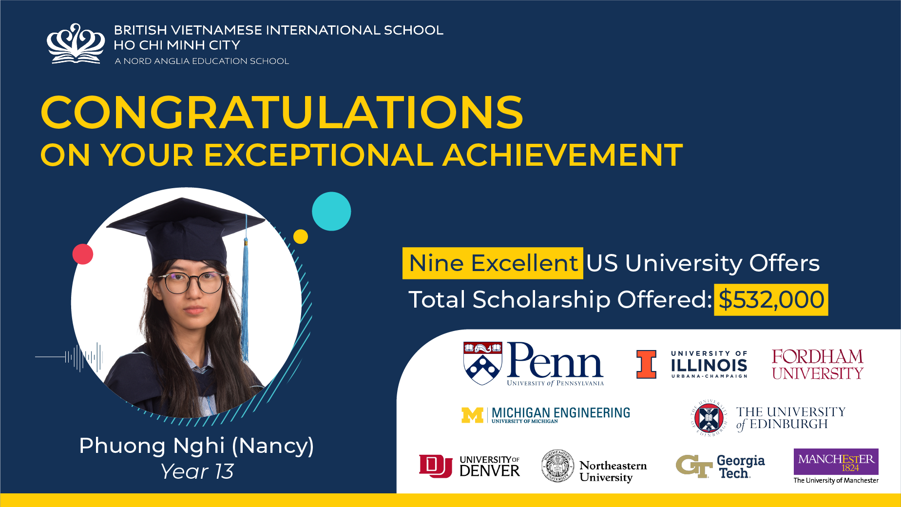Phuong Nghi Nancy, a Year 13 student, has been excellently admitted to 9 US universities with a total scholarship of up to 13.5 billion VND-Phuong Nghi Nancy Year 13 excellently admitted 9 US universities scholarship 13 5 billion VND-Nancy Uni Offers Banner