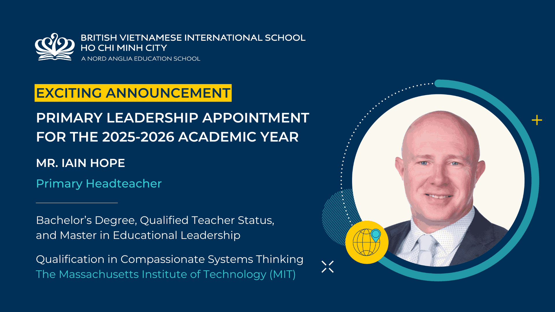 Congratulations to Mr. Iain Hope on his appointment as Head of Primary for the 2025-2026 academic year at BVIS  - Mr Iain Hope as the new Head of Primary for the next academic year