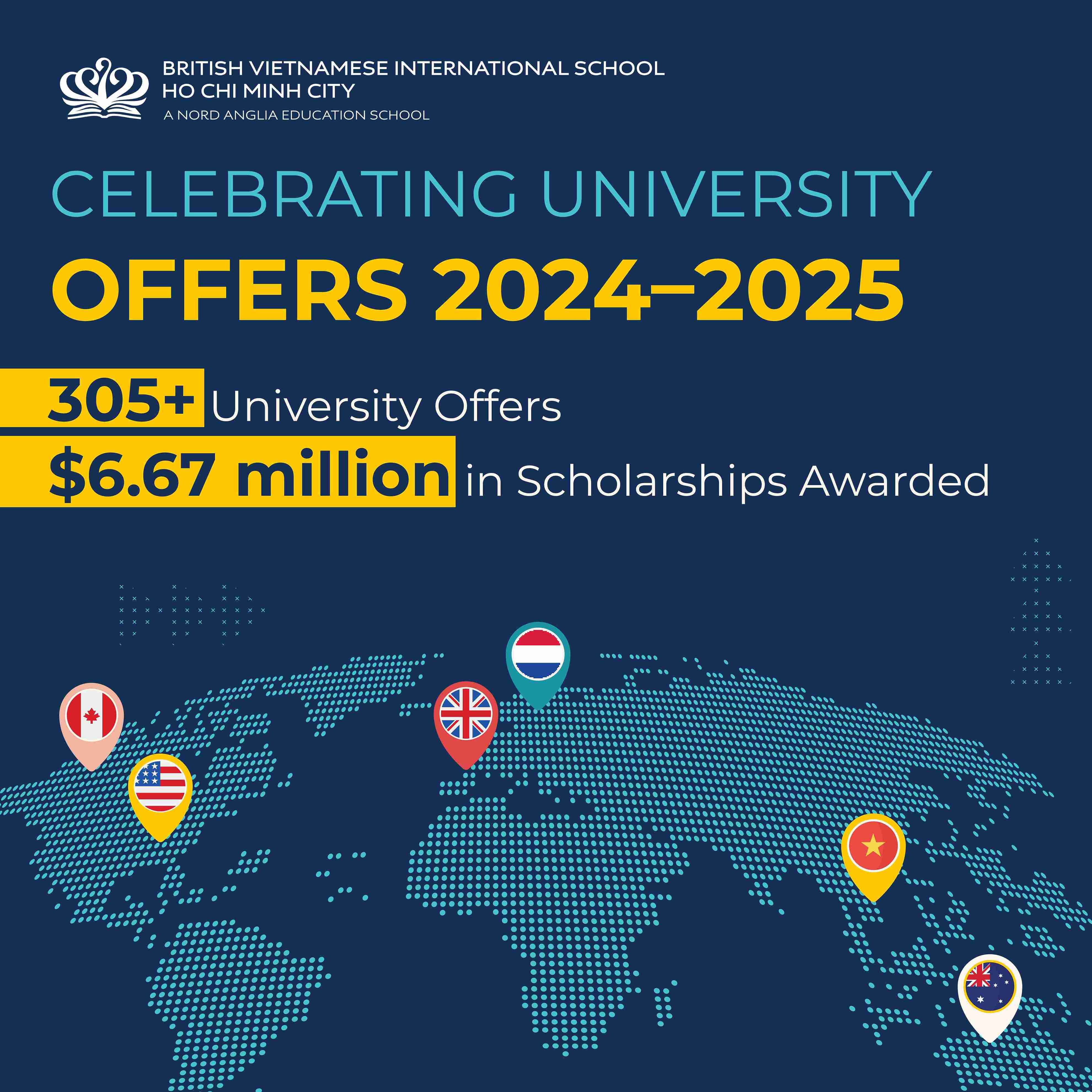 Tin vui từ niên khóa tốt nghiệp 2024–2025: 305+ thư trúng tuyển và 6,67 triệu USD học bổng từ các đại học danh tiếng toàn cầu!  - Class of 2025 University offer