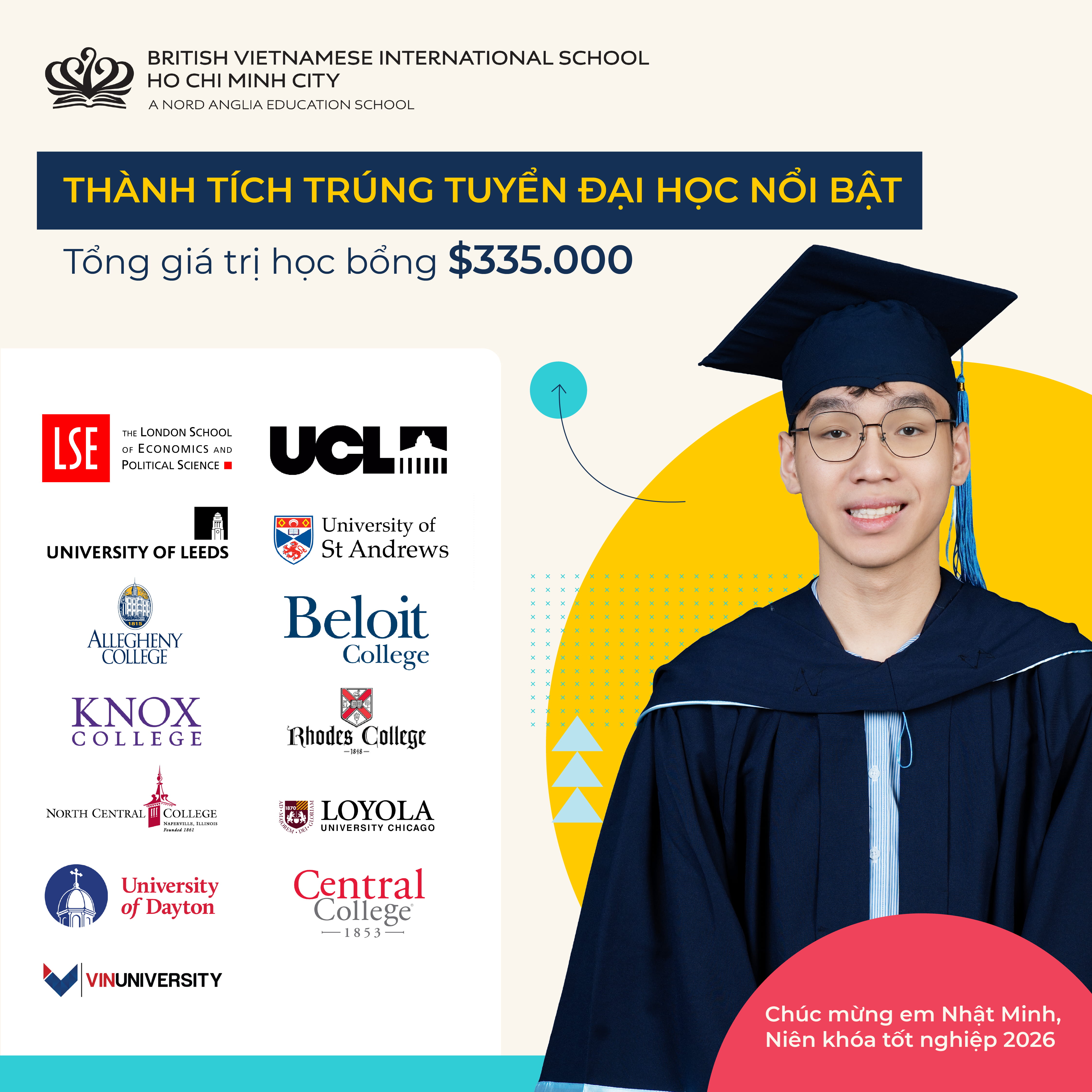 Nhật Minh (Niên khóa 2025-2026): Chinh phục hàng loạt đại học top đầu thế giới với hơn $335,000 học bổng mỗi năm - Nhat Minh Success Story