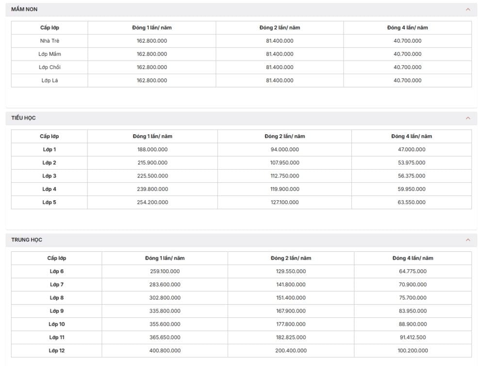 VAS tuition fee schedule