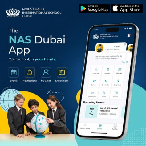 NAS Dubai App image with phone mock up and app store and google play icon
