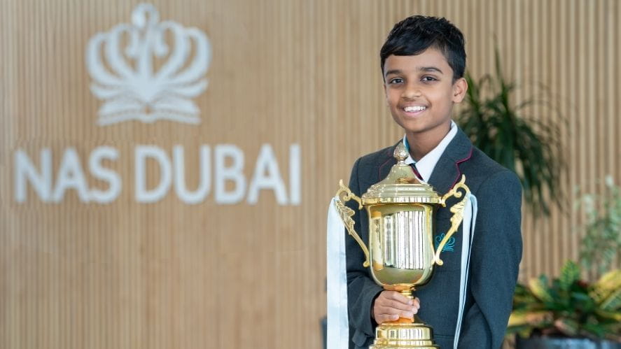 Aadidev Gupta Year 7 Challenge Me winner 2026 holding a trophy at NAS Dubai