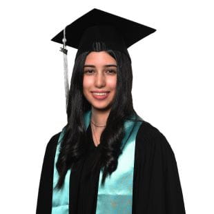 NAS Dubai Graduate in cap and gown with teal scarf