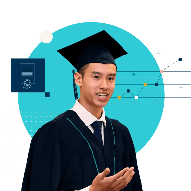 Students with academic papers and laptop graphic