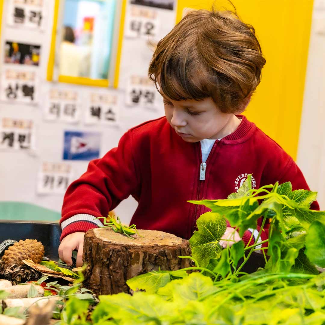 child playing with leaves