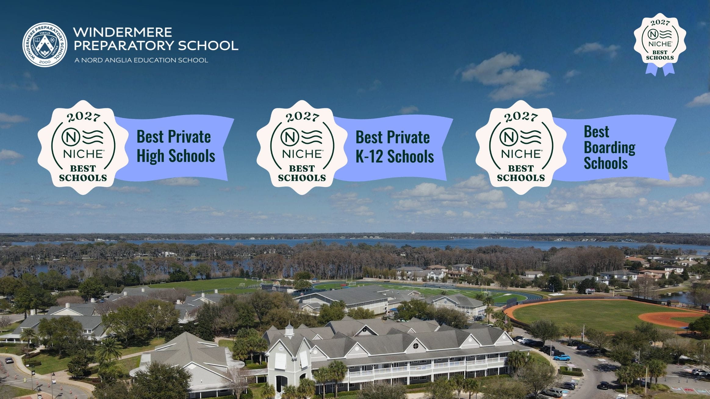 Aerial view of Windermere Preparatory School featuring 2027 Niche Best Schools recognition for Private High Schools, Private K-12 Schools, and Boarding Schools.